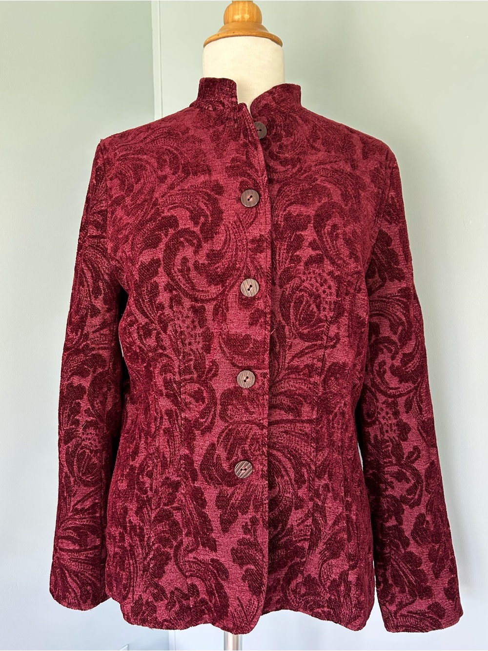Coldwater Creek Coat Tapestry Textured Button Down Jacket - Burgundy/Maroon Sz L